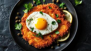 Crispy fried schnitzel topped with a sunny side up egg and garnished with herbs photo