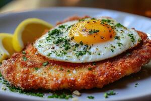 Crispy breaded cutlet topped with fried egg and fresh herbs on a plate photo