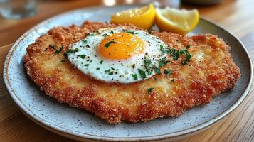 Crispy fried egg on breaded cutlet served with lemon wedges photo