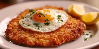Crispy fried schnitzel topped with a sunny side up egg and lemon wedges photo