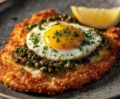 Delicious crispy schnitzel topped with egg and capers on a plate photo