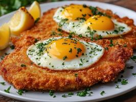 Crispy fried schnitzel topped with sunny side up eggs and herbs photo