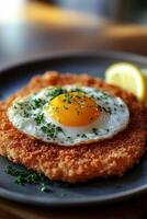 Crispy chicken schnitzel topped with sunny side up egg and lemon wedges photo