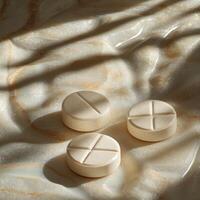 Soft light illuminates minimalistic beige tablets on smooth surface photo