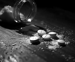 Pills and powder spilled from a bottle on a wooden surface at night photo