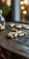 Natural dietary supplements scattered on a wooden table near a window photo