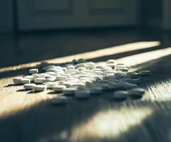 Scattered white tablets on wooden floor in dim light setting photo