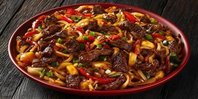 Delicious stir-fried noodles with beef and vegetables in a bowl photo