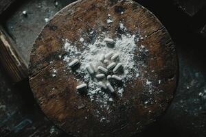 White pills and powder scattered on a rustic wooden surface photo