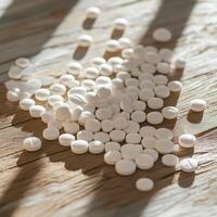White tablets scattered on wooden surface with soft shadow play photo