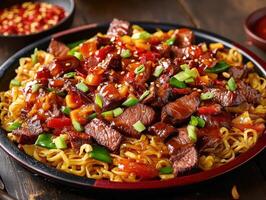 Savory stir-fried beef with vegetables and noodles at a dining table photo