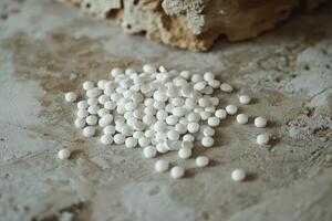 White pellets scattered on a weathered surface in natural light photo