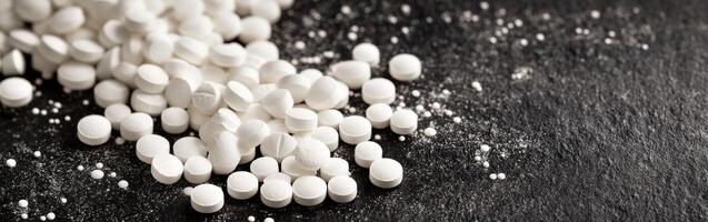 White tablets scattered on a dark surface with fine powder around them photo