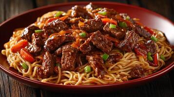 Delicious beef stir-fry served on a bed of noodles with vibrant vegetables photo
