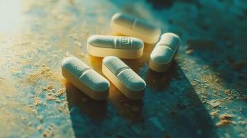 White capsules scattered on a textured surface with dramatic lighting photo