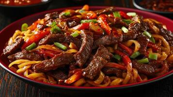 Delicious stir-fried beef noodles with vegetables served in a bowl photo
