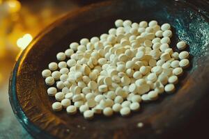 Multiple white tablets displayed on a dark plate near candlelight photo