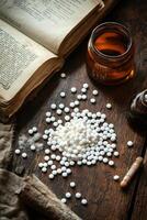 colección de homeopático pellets y herbario remedios en de madera mesa foto