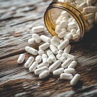 Capsules spill from jar onto wooden surface in a tranquil setting photo