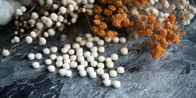 White tablets scattered among dried flowers on a dark surface photo