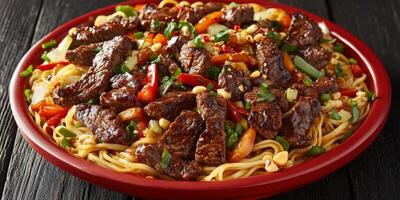 Delicious beef stir fry with noodles and colorful vegetables in a red bowl photo