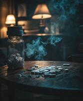 Glass container with pills on a wooden table in a dimly lit room photo