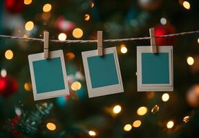 Blank Photos Hanging On String Before Christmas Tree