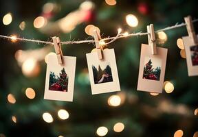 Christmas photos hang from string lights on a tree