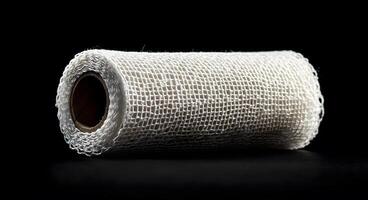 White Mesh Bandage Roll Isolated On Black Background photo
