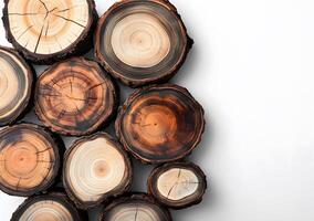 Cross sections of tree trunks arranged aesthetically photo