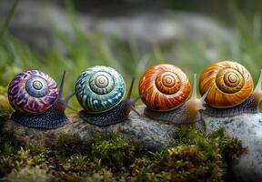 Four Colorful Snails Crawling In A Row photo