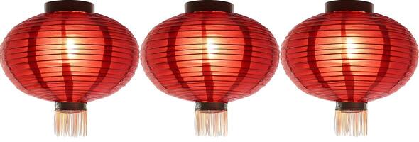 Three Illuminated Red Paper Lanterns Hanging in a Row photo