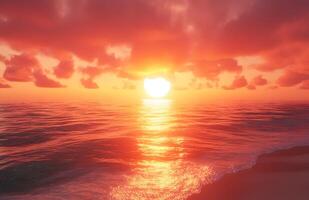 Fiery Sunset Over Calm Ocean Waves at Dusk photo