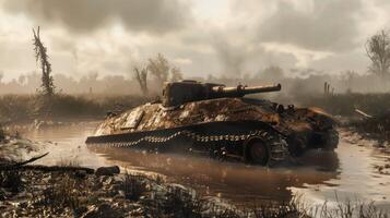Rusty Tank Submerged in a Swampy Landscape photo