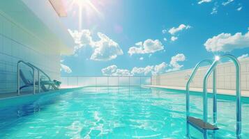 Rooftop Pool with Blue Sky and White Clouds photo