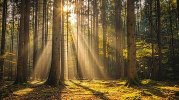 Sunbeams Filtering Through Dense Forest Trees photo