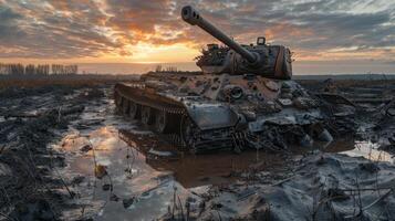 A Rusty Tank Stuck in Mud at Sunset photo