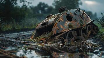 Rusty Tank Wreckage Amidst Greenery and Water photo
