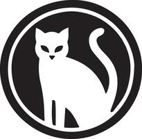 a black circle with a white silhouette of a cat inside it. vector