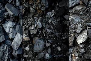 Exploring the Textures and Patterns of Dark Grey and Black Rocks. A Visual Journey into the Composition of Broken Stone Fragments, Revealing the Intricate Details of Irregular Shapes and Sizes photo