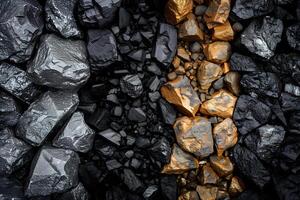 Black and Gold Rocks. A Stunning Contrast of Nature's Textures and Colors, Showcasing the Diverse Beauty of Geological Formations Found in Various Landscapes. Unique Characteristics photo