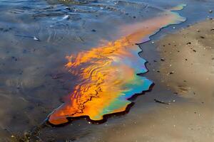 Iridescence on Water. Abstract Oil Slick Pattern Reflecting Light, Creates a Stunning Visual Display of Color and Texture on Sandy Shore photo