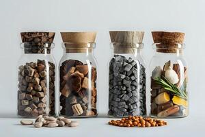 Exploring the Diverse Textures and Hues of Natural Elements. An In-Depth Look at Organic Materials in Glass Jars, Showcasing a Variety of Shapes and Colors, with a Focus on Their Unique Visual photo