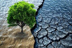 A Lush Green Tree Stands Firmly Amidst a Stark Contrast of Water and Drought-Stricken Land, Showcasing the Urgent Need for Environmental Conservation and Sustainable Practices to Combat Climate Change photo