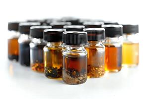 Amber Liquid Samples in Glass Bottles. Close-up View of Multiple Small Containers with Dark Golden Liquid and Sediment, Showcasing Diverse Shades and Textures of the Substance. Scientific Research photo