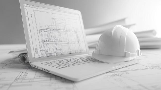 Architect's Laptop with Hard Hat and Blueprint photo
