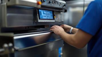 A Person Operating a Stainless Steel Industrial Machine with a Digital Display photo