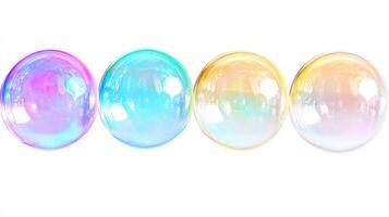 Four iridescent soap bubbles on a white background. photo