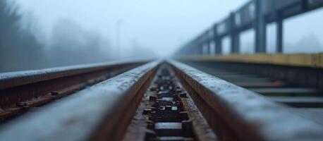 Railroad Tracks Disappear into Foggy Distance photo