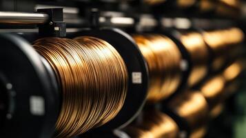 Close-up of spools of shiny golden wire in a factory setting photo